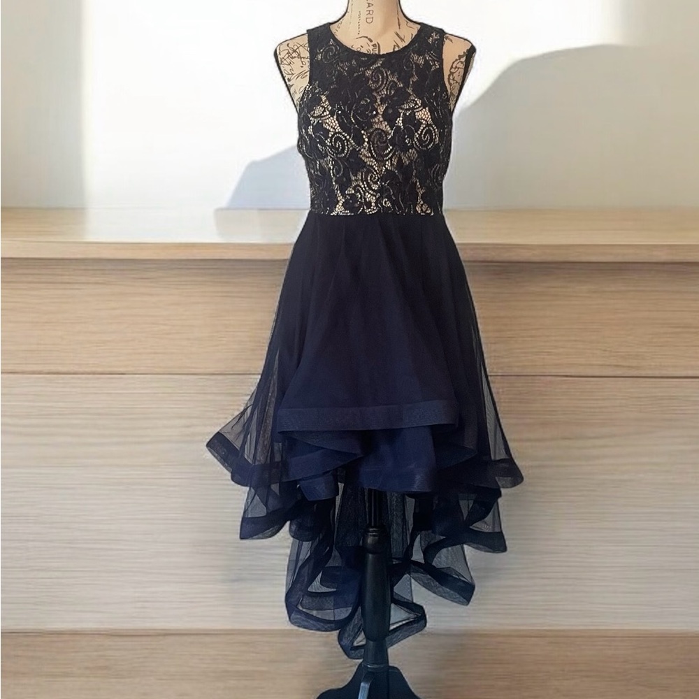 SPEECHLESS FIT & FLARE FORMAL DRESS HIGH LOW CASCADING HEM SZ 3 NAVY